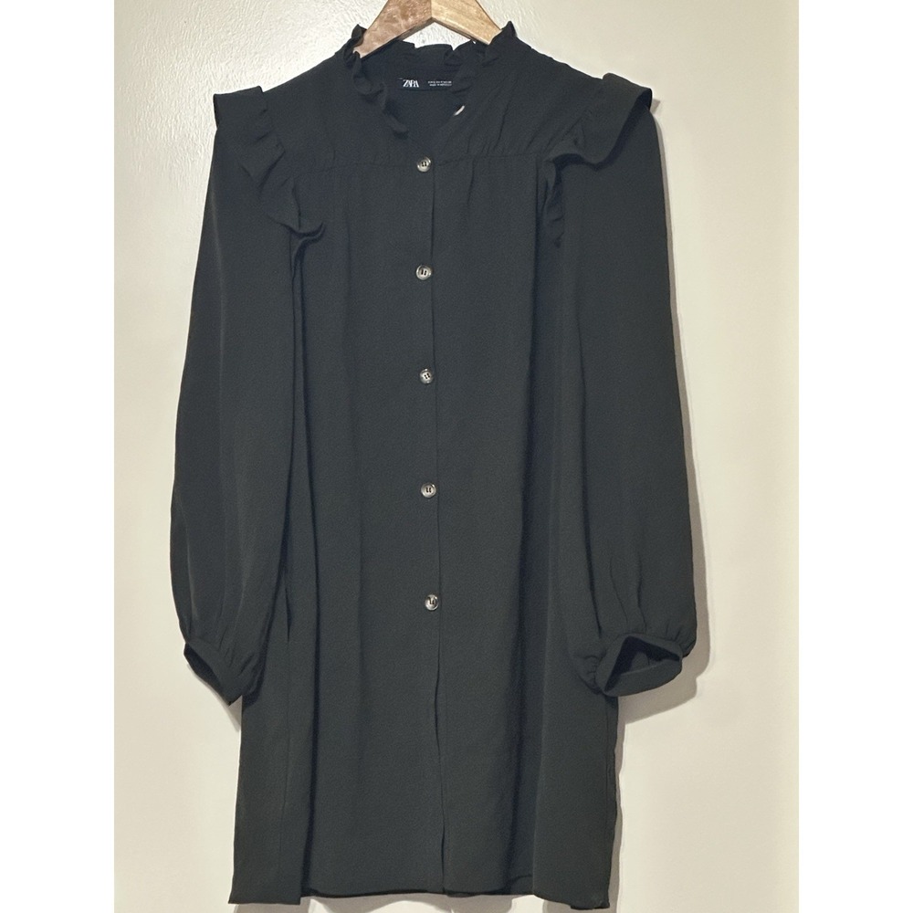 Zara Women's Green Mini Ruffle Trim Button Down Shirt Dress Size Small